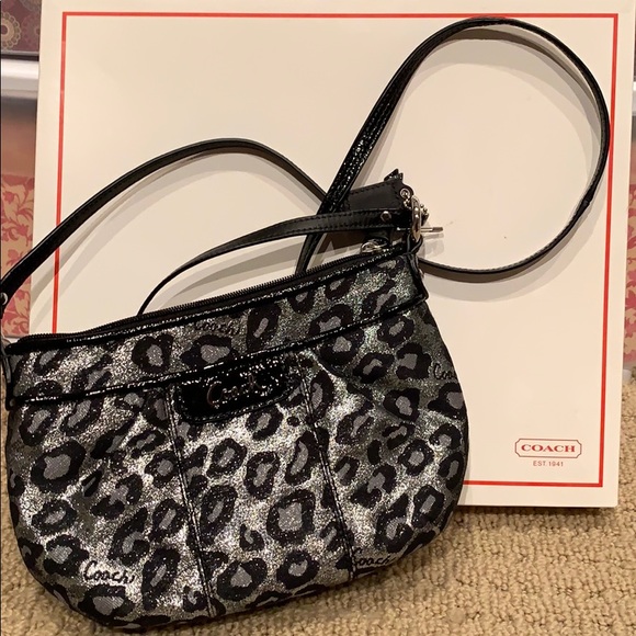 coach purse black and silver leopard print